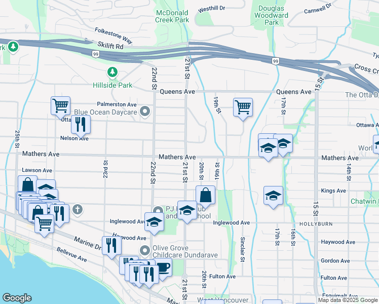 map of restaurants, bars, coffee shops, grocery stores, and more near 2095 Mathers Avenue in West Vancouver