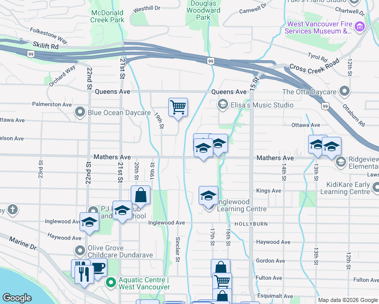 map of restaurants, bars, coffee shops, grocery stores, and more near 1777 Mathers Avenue in West Vancouver