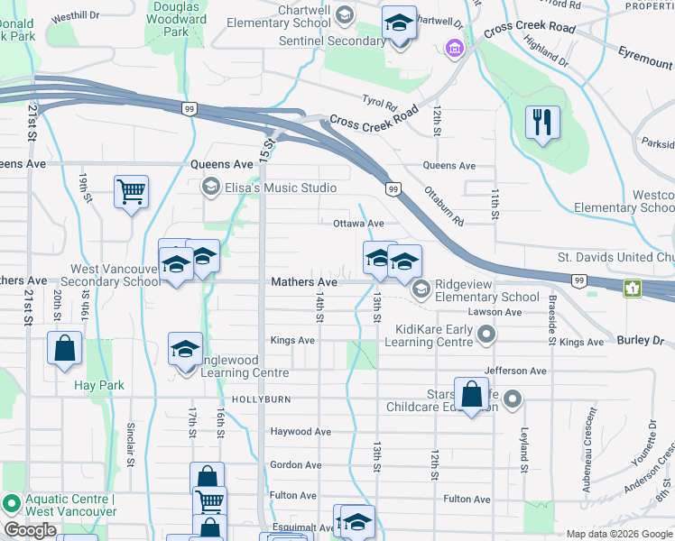 map of restaurants, bars, coffee shops, grocery stores, and more near 1371 Mathers Avenue in West Vancouver