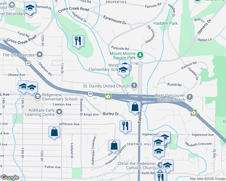 map of restaurants, bars, coffee shops, grocery stores, and more near 837 Wildwood Place in West Vancouver