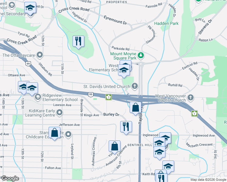 map of restaurants, bars, coffee shops, grocery stores, and more near 837 Wildwood Place in West Vancouver