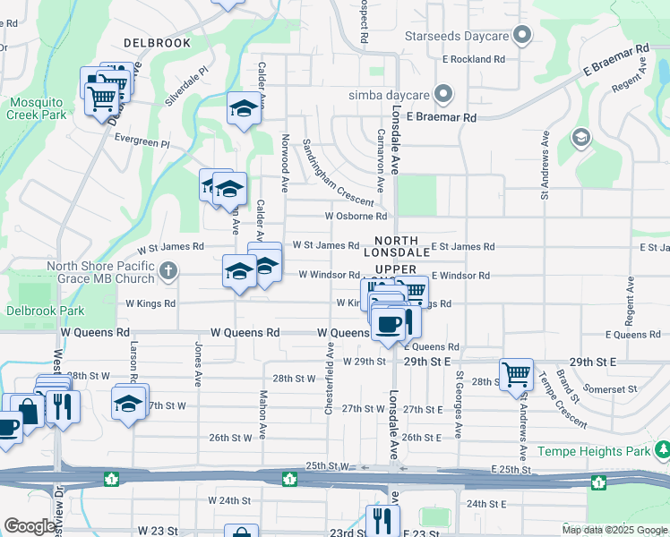 map of restaurants, bars, coffee shops, grocery stores, and more near 198 West Windsor Road in North Vancouver
