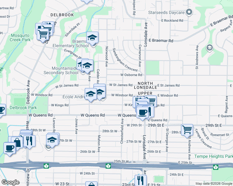 map of restaurants, bars, coffee shops, grocery stores, and more near 234 West Windsor Road in North Vancouver