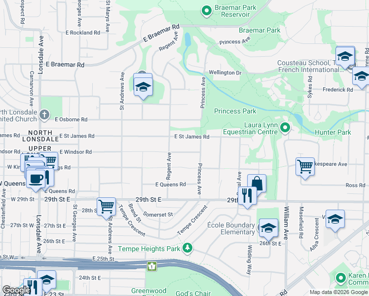 map of restaurants, bars, coffee shops, grocery stores, and more near 646 East Windsor Road in North Vancouver