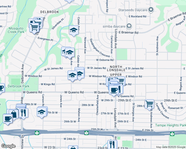 map of restaurants, bars, coffee shops, grocery stores, and more near 234 West Windsor Road in North Vancouver
