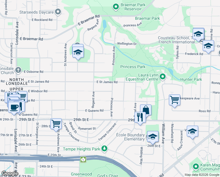 map of restaurants, bars, coffee shops, grocery stores, and more near 690 East Windsor Road in North Vancouver