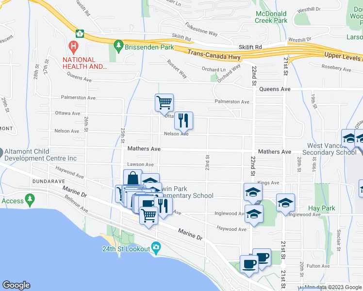 map of restaurants, bars, coffee shops, grocery stores, and more near 2355 Mathers Avenue in West Vancouver