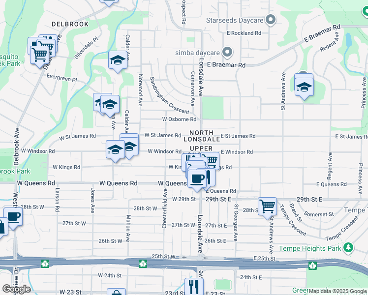 map of restaurants, bars, coffee shops, grocery stores, and more near 140 West Windsor Road in North Vancouver