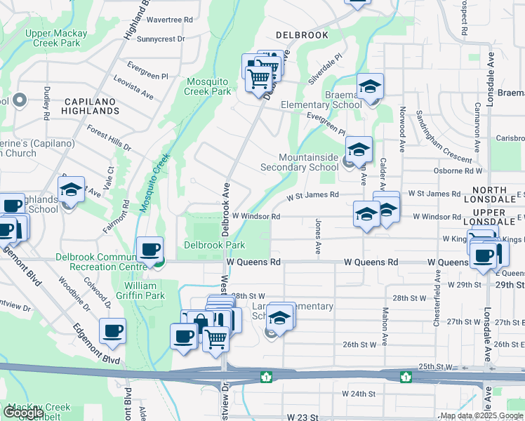 map of restaurants, bars, coffee shops, grocery stores, and more near 690 West Windsor Road in North Vancouver