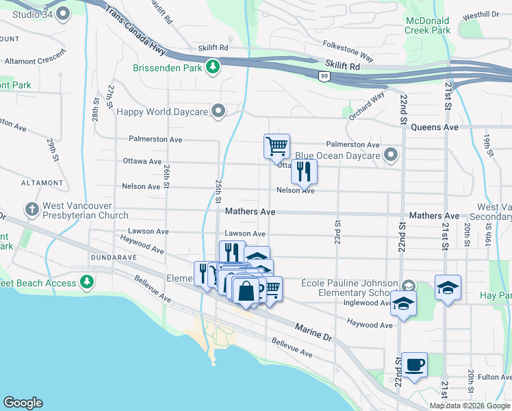 map of restaurants, bars, coffee shops, grocery stores, and more near 2423 Mathers Avenue in West Vancouver