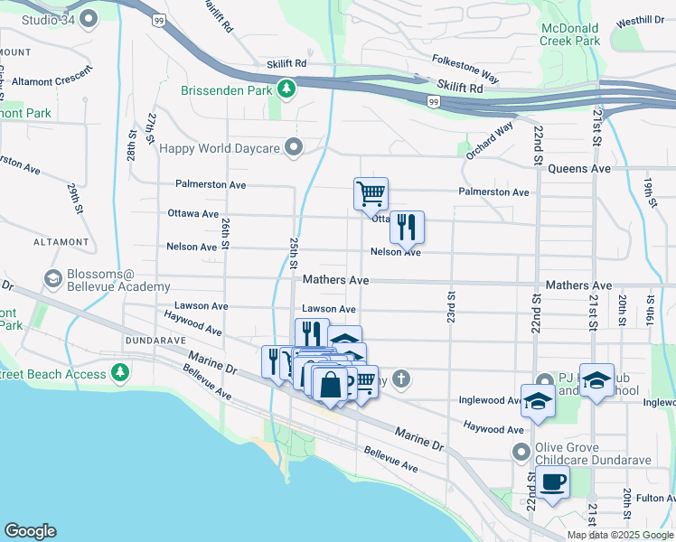 map of restaurants, bars, coffee shops, grocery stores, and more near 2433 Mathers Avenue in West Vancouver