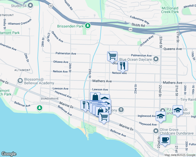 map of restaurants, bars, coffee shops, grocery stores, and more near 2459 Mathers Avenue in West Vancouver