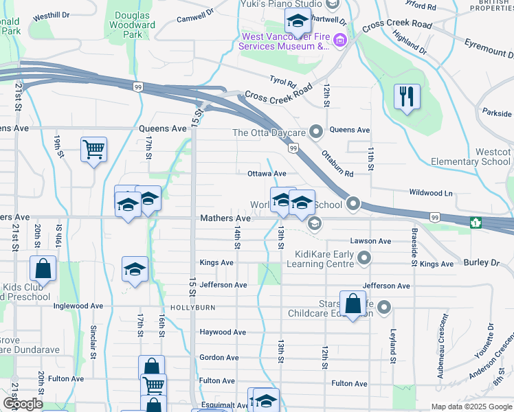 map of restaurants, bars, coffee shops, grocery stores, and more near 1361 Mathers Avenue in West Vancouver