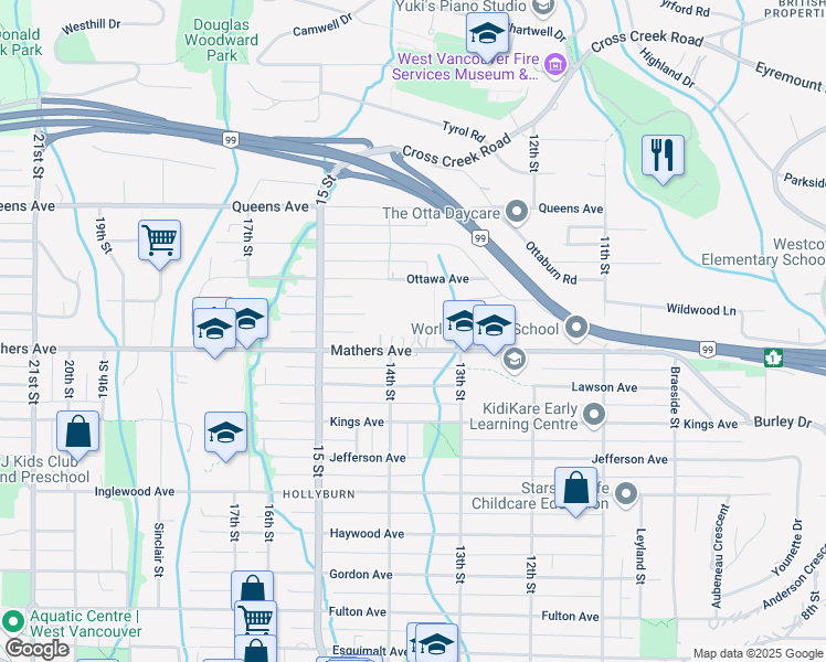 map of restaurants, bars, coffee shops, grocery stores, and more near 1371 Mathers Avenue in West Vancouver