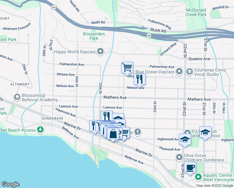 map of restaurants, bars, coffee shops, grocery stores, and more near 2423 Mathers Avenue in West Vancouver