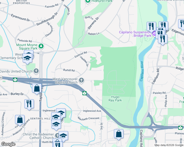 map of restaurants, bars, coffee shops, grocery stores, and more near 388 Mulgrave Place in West Vancouver