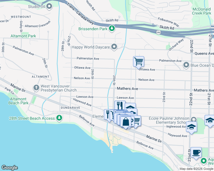 map of restaurants, bars, coffee shops, grocery stores, and more near 2531 Mathers Avenue in West Vancouver
