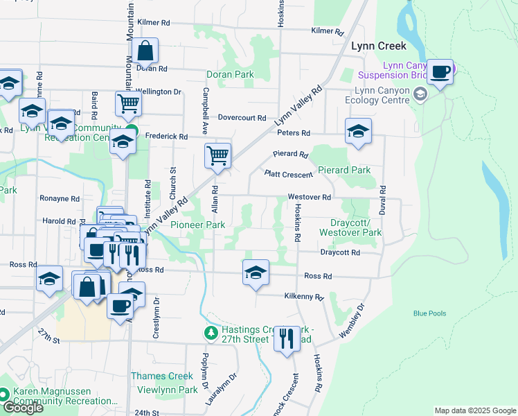 map of restaurants, bars, coffee shops, grocery stores, and more near 3253 Kerrstead Place in North Vancouver