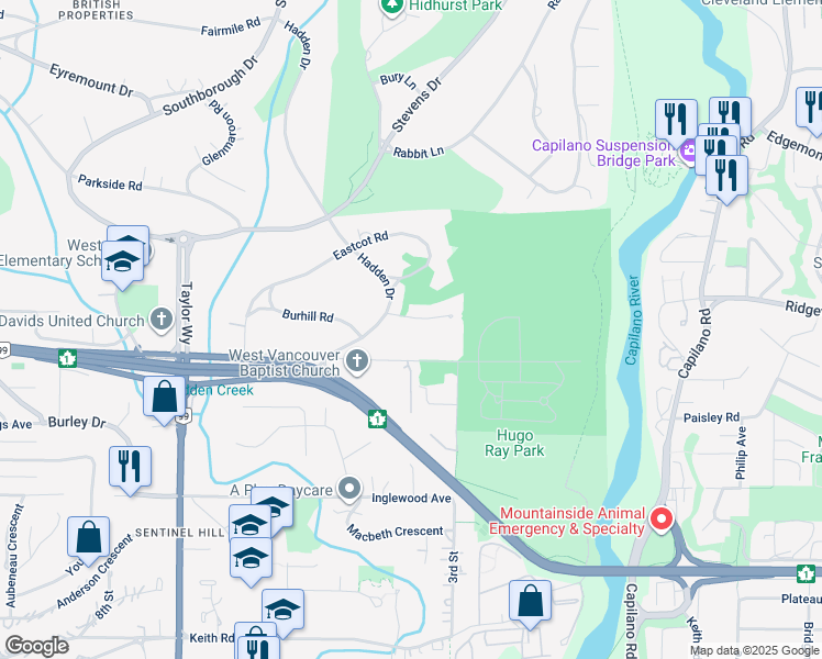 map of restaurants, bars, coffee shops, grocery stores, and more near 388 Mulgrave Place in West Vancouver