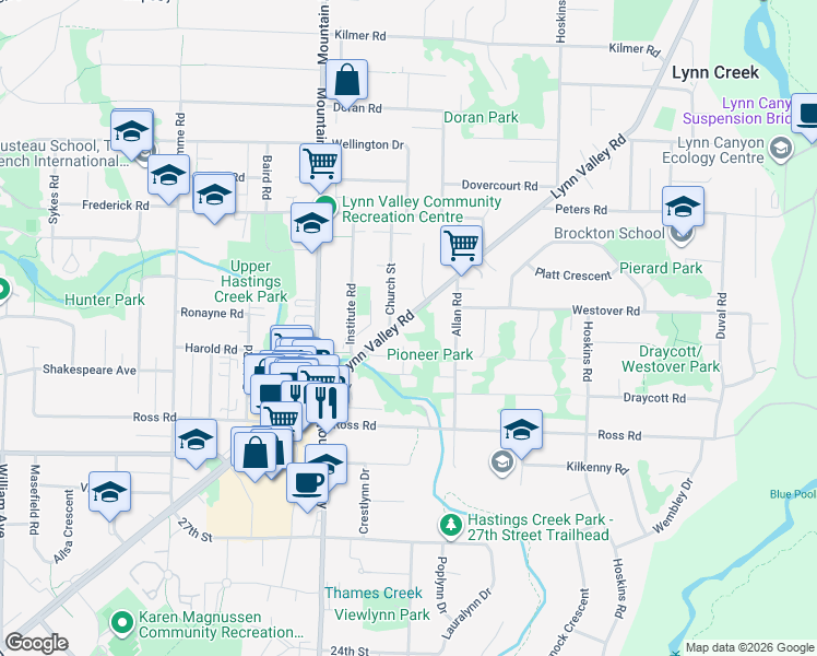 map of restaurants, bars, coffee shops, grocery stores, and more near 1419 Lynn Valley Road in North Vancouver