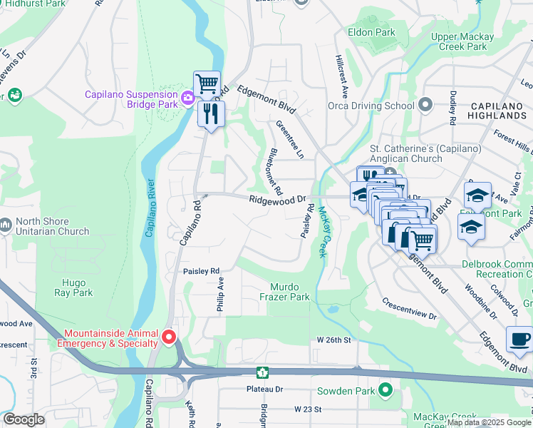 map of restaurants, bars, coffee shops, grocery stores, and more near 3191 Monton Avenue in North Vancouver