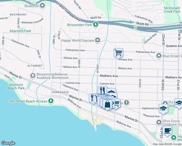 map of restaurants, bars, coffee shops, grocery stores, and more near 2531 Mathers Avenue in West Vancouver