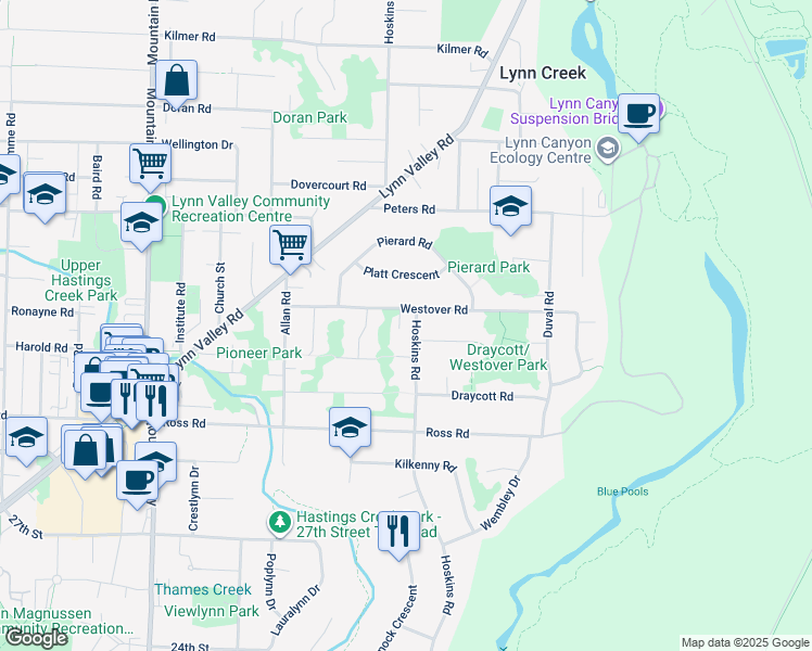 map of restaurants, bars, coffee shops, grocery stores, and more near 3283 Hoskins Road in North Vancouver