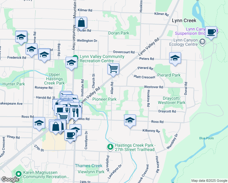 map of restaurants, bars, coffee shops, grocery stores, and more near 3252 Allan Road in North Vancouver