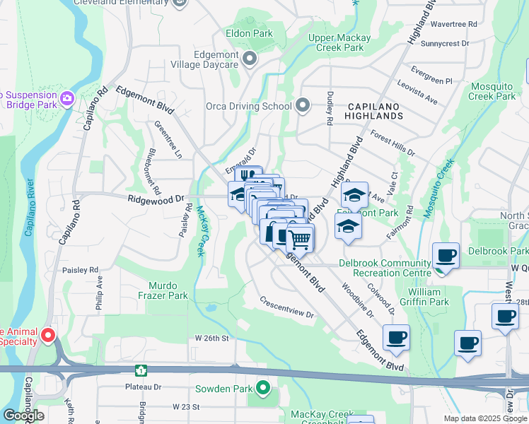map of restaurants, bars, coffee shops, grocery stores, and more near 3230 Connaught Crescent in North Vancouver