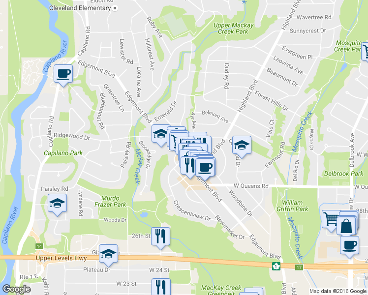 map of restaurants, bars, coffee shops, grocery stores, and more near in North Vancouver