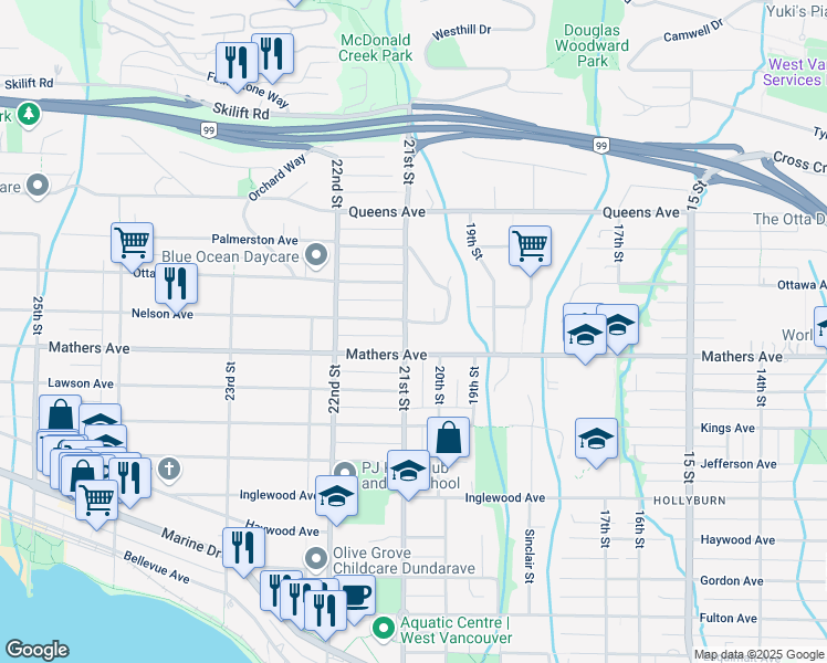 map of restaurants, bars, coffee shops, grocery stores, and more near 2109 Nelson Avenue in West Vancouver