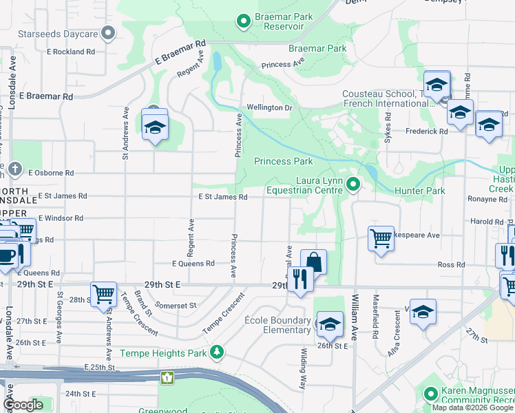map of restaurants, bars, coffee shops, grocery stores, and more near 3269 Connaught Avenue in North Vancouver