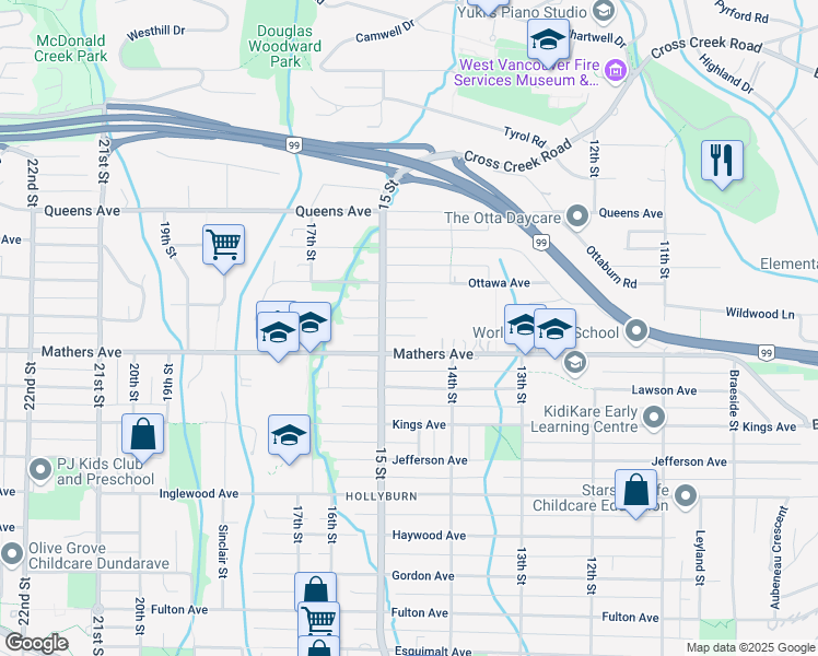 map of restaurants, bars, coffee shops, grocery stores, and more near 1460 Nelson Avenue in West Vancouver