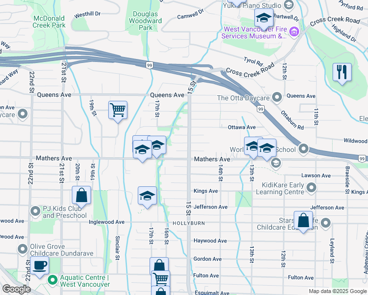 map of restaurants, bars, coffee shops, grocery stores, and more near 1530 Nelson Avenue in West Vancouver