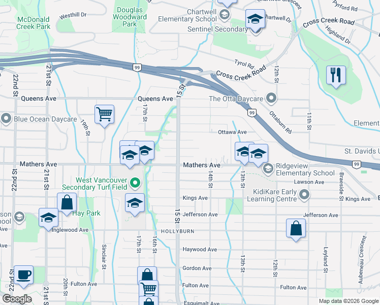 map of restaurants, bars, coffee shops, grocery stores, and more near 1460 Nelson Avenue in West Vancouver