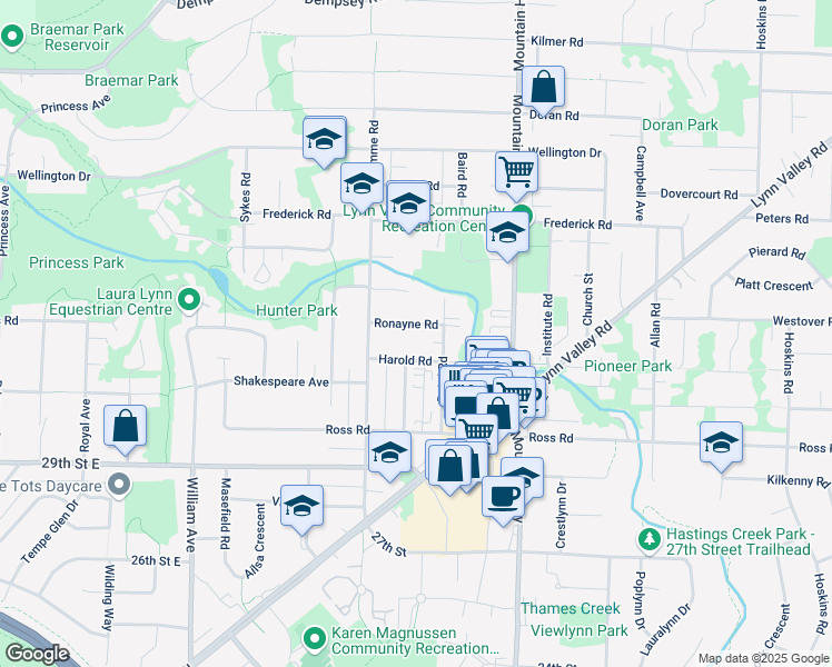 map of restaurants, bars, coffee shops, grocery stores, and more near 1165 Ronayne Road in North Vancouver