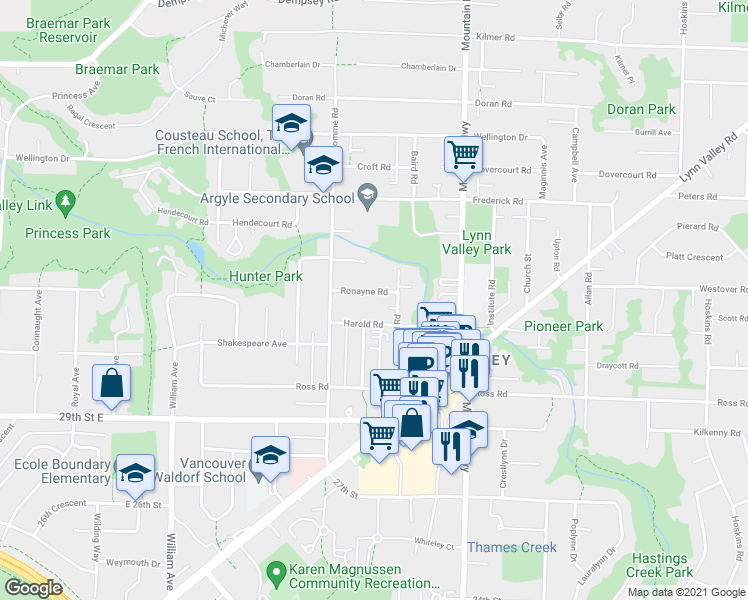 map of restaurants, bars, coffee shops, grocery stores, and more near 1165 Ronayne Road in North Vancouver
