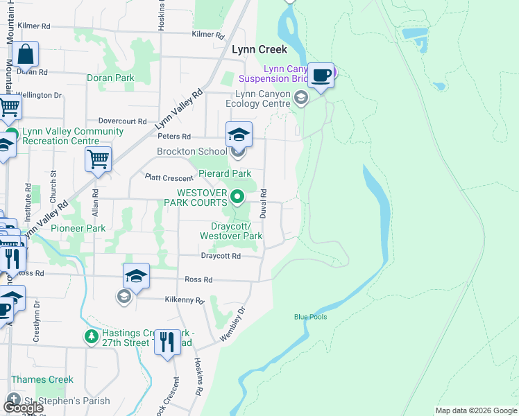 map of restaurants, bars, coffee shops, grocery stores, and more near 1895 Westover Road in North Vancouver