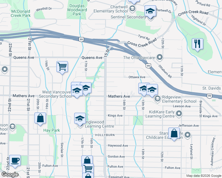 map of restaurants, bars, coffee shops, grocery stores, and more near 1470 Nelson Avenue in West Vancouver