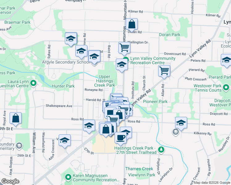 map of restaurants, bars, coffee shops, grocery stores, and more near 3275 Mountain Highway in North Vancouver