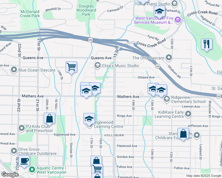 map of restaurants, bars, coffee shops, grocery stores, and more near 1530 Nelson Avenue in West Vancouver