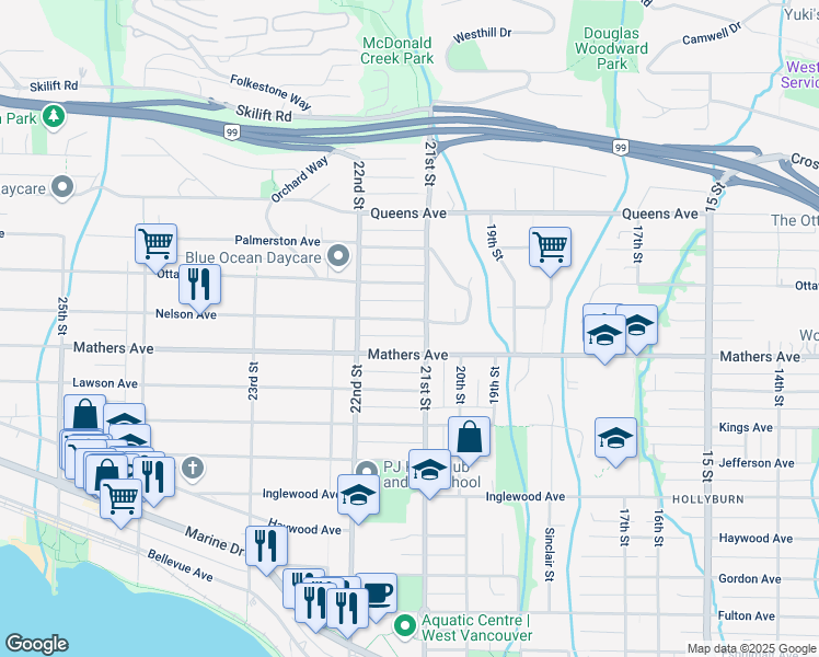 map of restaurants, bars, coffee shops, grocery stores, and more near Nelson Avenue in West Vancouver