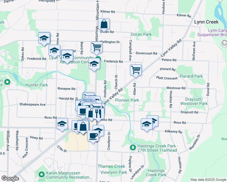 map of restaurants, bars, coffee shops, grocery stores, and more near 3259 Church Street in North Vancouver