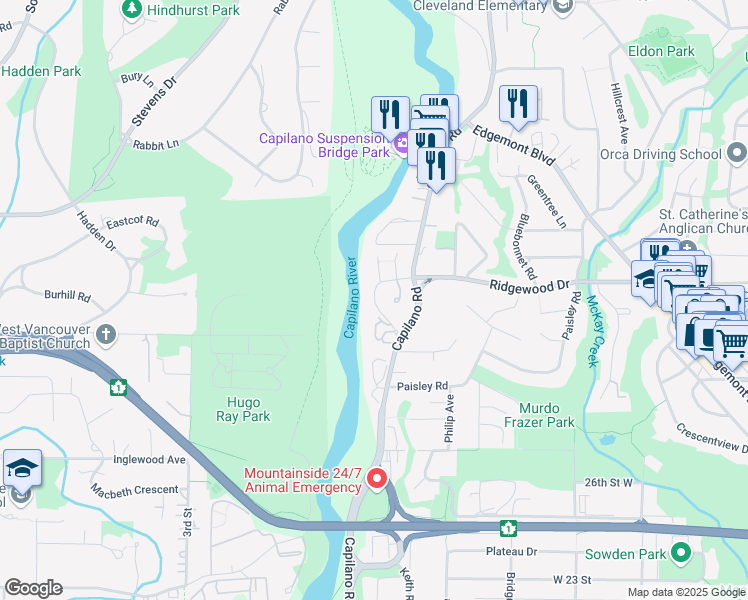 map of restaurants, bars, coffee shops, grocery stores, and more near 3288 Capilano Crescent in North Vancouver