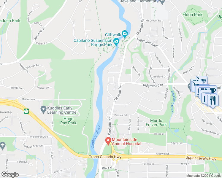 map of restaurants, bars, coffee shops, grocery stores, and more near 3288 Capilano Crescent in North Vancouver