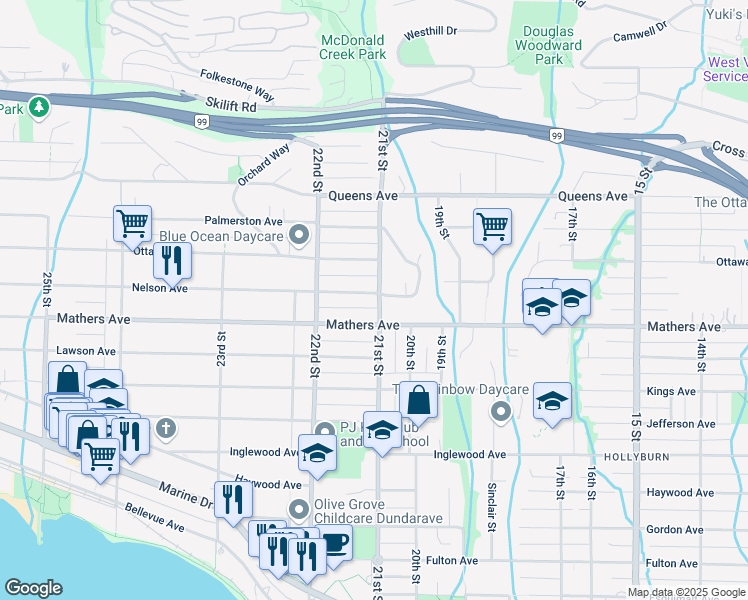 map of restaurants, bars, coffee shops, grocery stores, and more near 1571 21st Street in West Vancouver