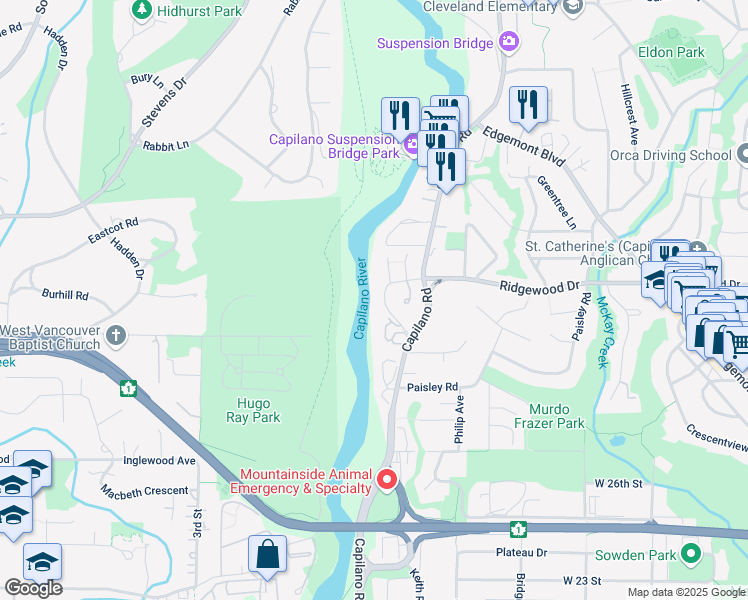 map of restaurants, bars, coffee shops, grocery stores, and more near 3225 Capilano Crescent in North Vancouver