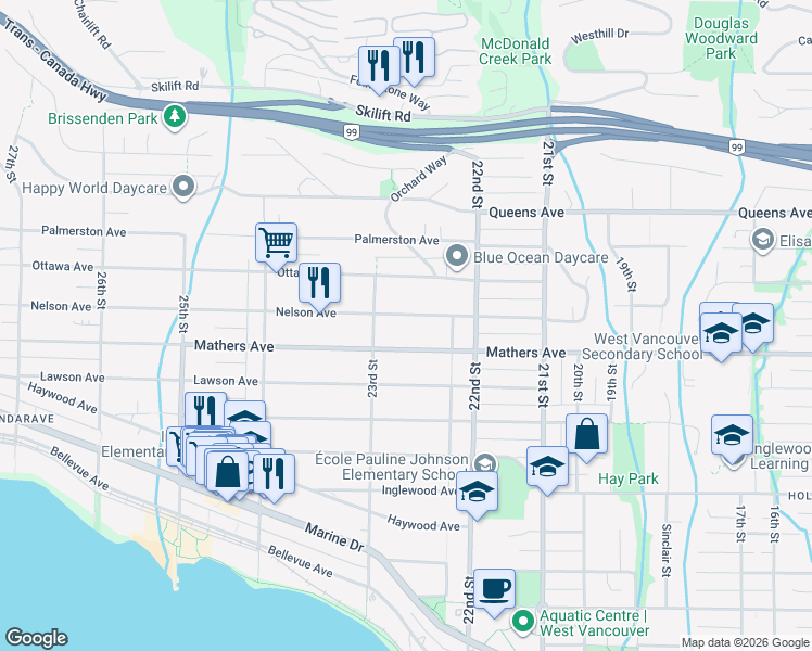 map of restaurants, bars, coffee shops, grocery stores, and more near Nelson Avenue in West Vancouver