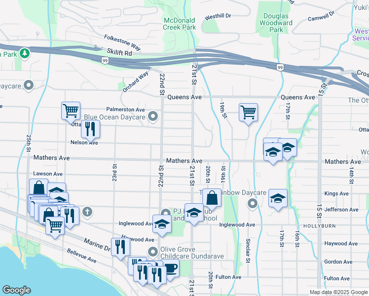 map of restaurants, bars, coffee shops, grocery stores, and more near 2136 Nelson Avenue in West Vancouver