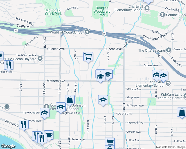 map of restaurants, bars, coffee shops, grocery stores, and more near 1764 Ottawa Place in West Vancouver